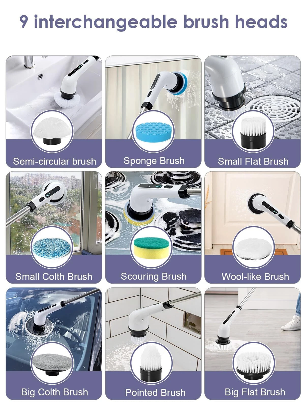 Electric Spin Scrubber Cordless Power Scrubber with 9 Replaceable Brush Heads & Toilet Brush Portable Cleaning Brush, 2 Speeds, Adjustable Extension Arm, Power Scrubbers for Floors, Tub, Tile