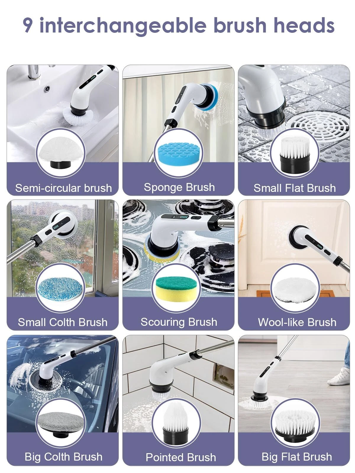 Electric Spin Scrubber Cordless Power Scrubber with 9 Replaceable Brush Heads & Toilet Brush Portable Cleaning Brush, 2 Speeds, Adjustable Extension Arm, Power Scrubbers for Floors, Tub, Tile